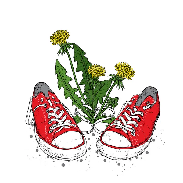Beautiful sneakers and dandelions. Vector illustration. Fashion & Style. Ready-made card design "Happy Earth Day".