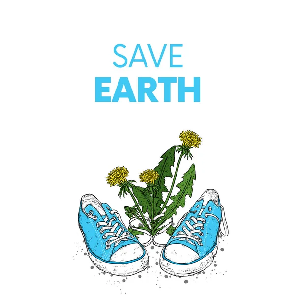 Beautiful sneakers and dandelions. Vector illustration. Fashion & Style. Ready-made card design "Happy Earth Day".