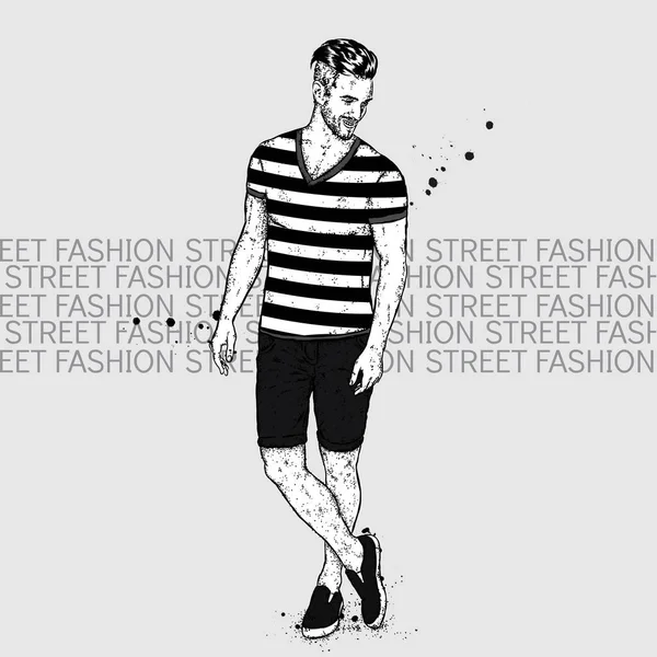 Un tipo guapo en pantalones cortos y una camiseta. Un hombre deportivo con ropa de verano. Ilustración vectorial para una postal o un póster . — Archivo Imágenes Vectoriales