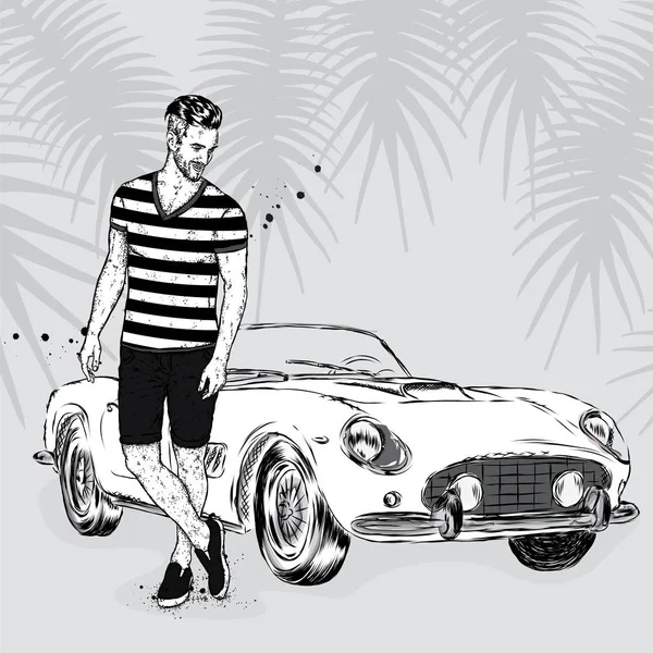 Een knappe jongen in korte broek en een T-shirt in de buurt van een retro auto. Een sportieve man in zomer kleding. Vectorillustratie voor een briefkaart of een poster. — Stockvector