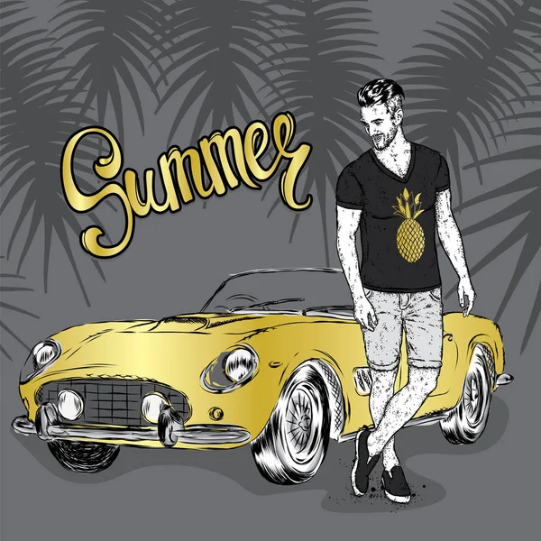 Un tipo guapo en pantalones cortos y una camiseta cerca de un coche retro. Un hombre deportivo con ropa de verano. Ilustración vectorial para una postal o un póster . — Vector de stock