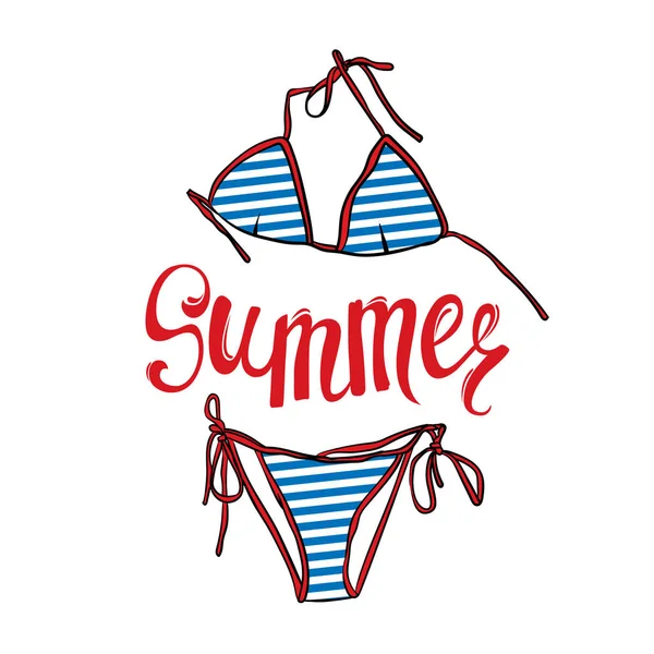 Elegante traje de baño a rayas y la inscripción "Hola verano". Ilustración vectorial. Vacaciones y descanso. Cartas . — Vector de stock