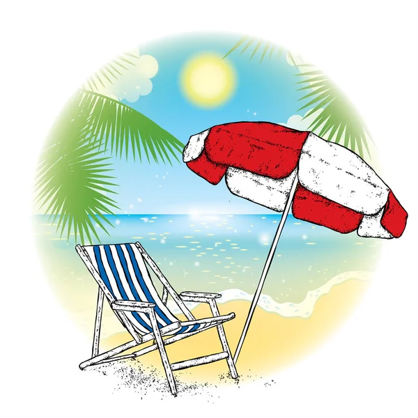 Wielobarwny parasol i szezlong przeciwko plaży. Morze, niebo, słońce i palmy w gotowego projektu pocztówki lub reklamy. Ilustracja wektorowa na temat wakacji i odpoczynku. — Wektor stockowy