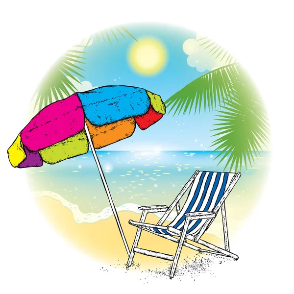 色とりどりの傘とビーチと長椅子。海、空、太陽とポストカードや広告の完成したデザインでヤシの木。休暇と残りのテーマのベクトル図. — ストックベクタ