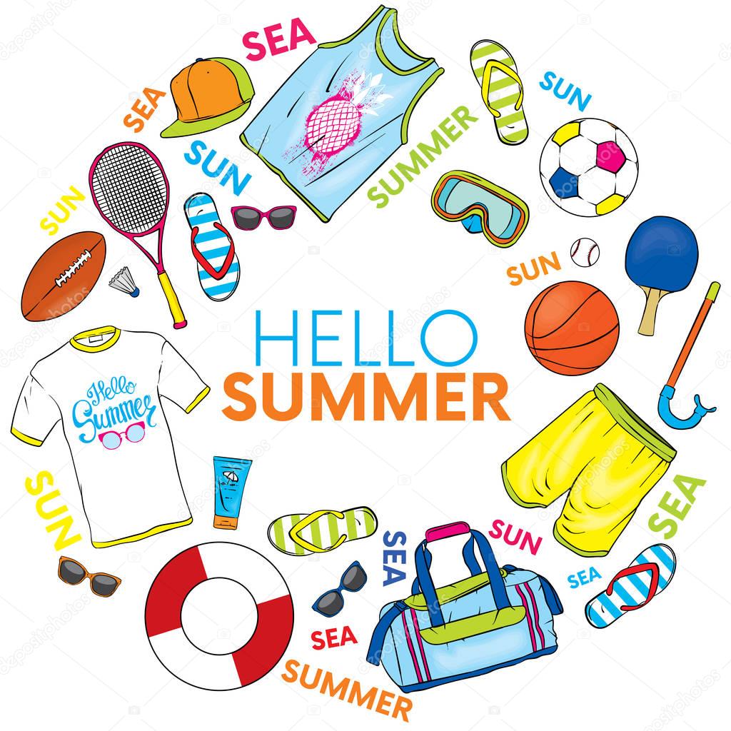 A set of summer clothes and attributes of beach retreat. Vector illustration for a postcard or a poster.