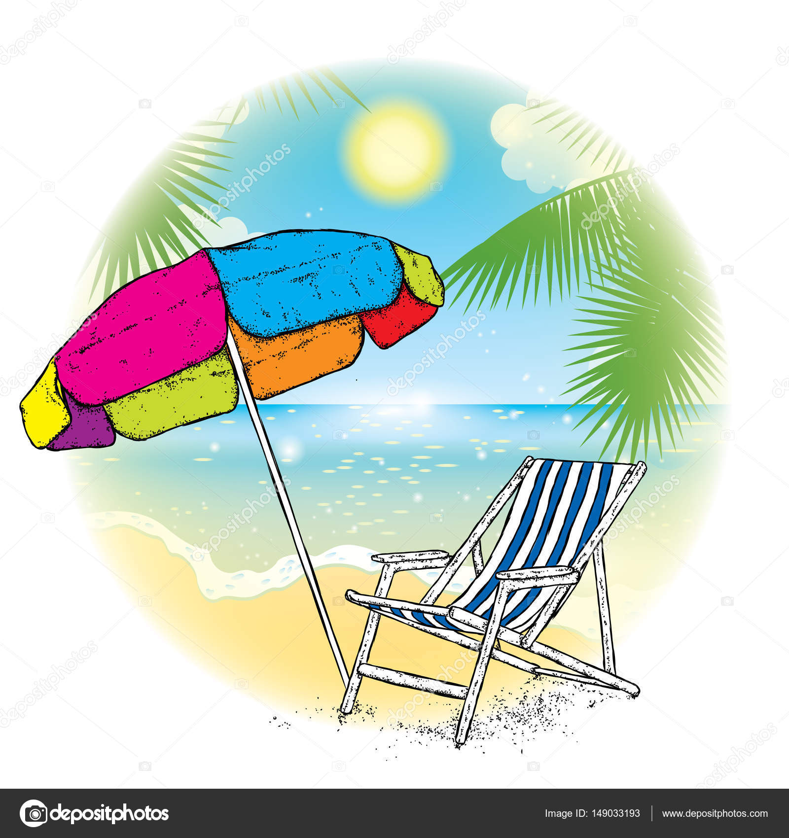 Mare cielo sole e palme nel disegno finito di cartoline o pubblicit  Illustrazione di vettore su un tema di vacanze e di riposo