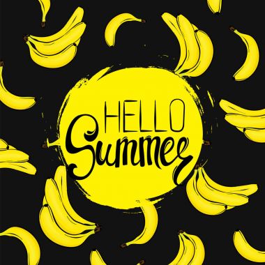 A ready-made card design with beautiful bananas and geometric elements. Vector illustration. Tropical fruits. Summer. clipart
