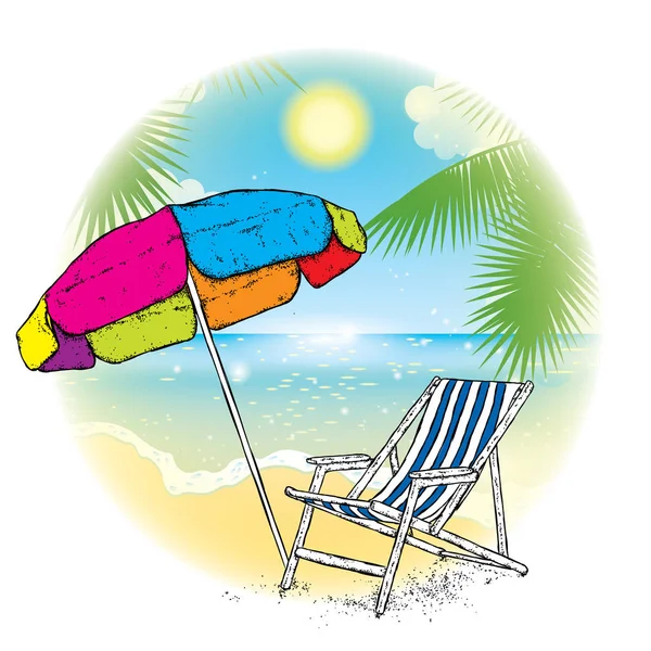 Paraguas multicolor y chaise longue contra la playa. Mar, cielo, sol y palmeras en el diseño acabado de postales o anuncios. Ilustración vectorial sobre un tema de vacaciones y descanso . — Archivo Imágenes Vectoriales