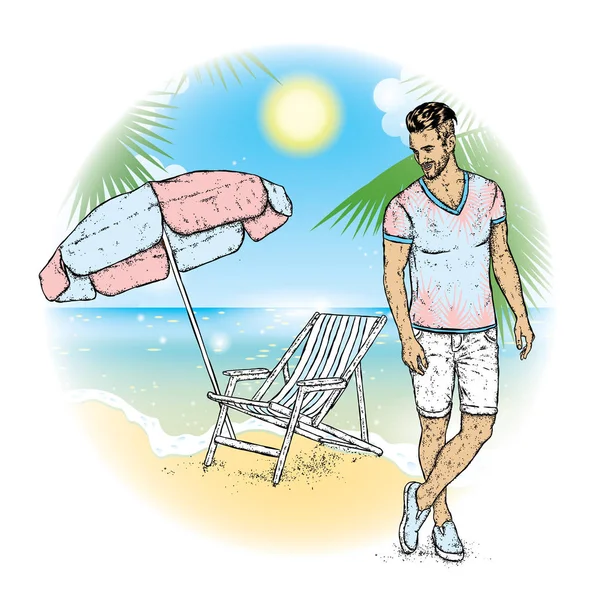 Schöner Kerl am Strand Hintergrund. Ein sportlicher Mann in kurzen Hosen und T-Shirt steht neben einem Sonnenschirm und einer Liege. Vektorillustration für eine Postkarte oder ein Poster. Sommer und Meer. — Stockvektor