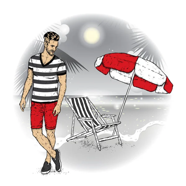 Przystojny facet na tle plaży. Sportowy człowieka w szorty i koszulkę stoi w pobliżu parasolem i leżakami. Ilustracja wektorowa pocztówka lub plakat. Lato i morze. — Wektor stockowy