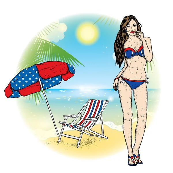 Красивая девушка в купальнике на пляже и зонтике с шезлонгом. Векторная иллюстрация для открытки или плаката. Стройная женщина у моря. Отдых у океана . — стоковый вектор