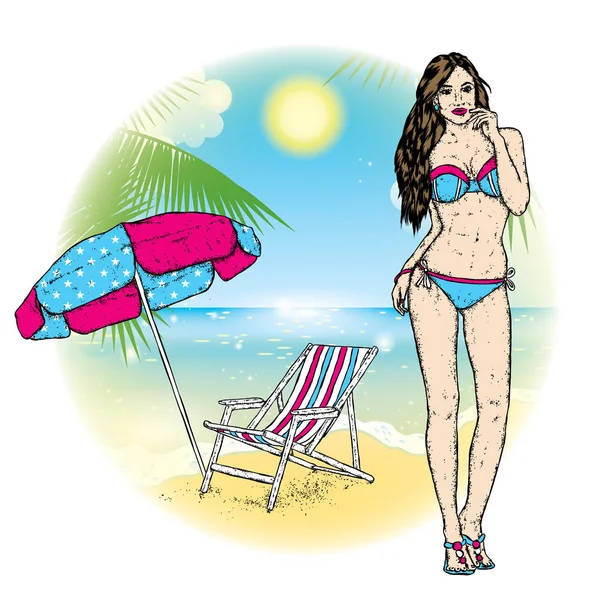 Красивая девушка в купальнике на пляже и зонтике с шезлонгом. Векторная иллюстрация для открытки или плаката. Стройная женщина у моря. Отдых у океана . — стоковый вектор