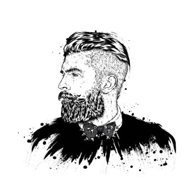 Bir sakallı şık adam. Adam uzun saçlı. Bir kartı veya poster için vektör çizim. Kıyafetlere yazdırın. Berber Dükkanı. Hipster.