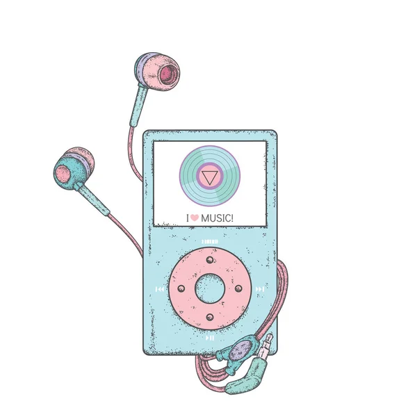 A beautiful audio player and headphones. Vector illustration for a postcard or a poster, print for clothes. Music and sound. — Stock Vector