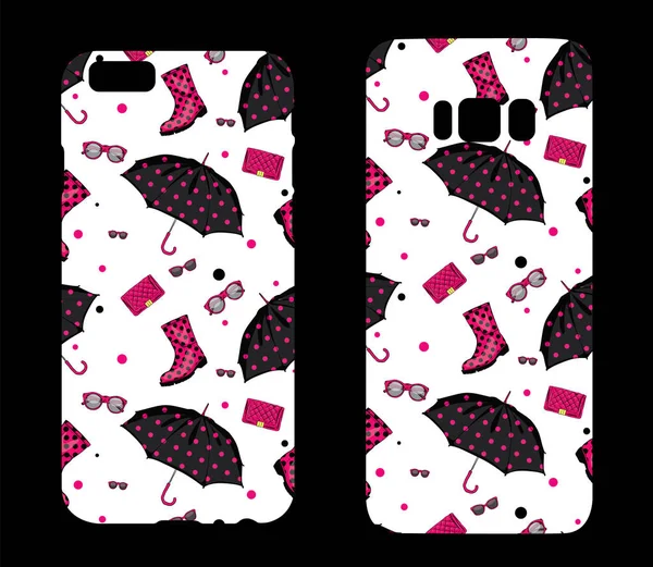 Beautiful cases for smartphones with female accessories. Rubber boots, umbrellas and handbags. Print for lining the phone. Ready design. Vector illustration. — Stock Vector