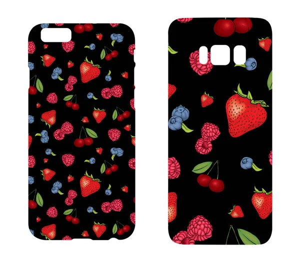 Schöne Hüllen für Smartphones mit bunten Beeren und Früchten. Druck für das Futter des Telefons. Ready Design. Vektorillustration. Sommerliche Zeichnungen. — Stockvektor