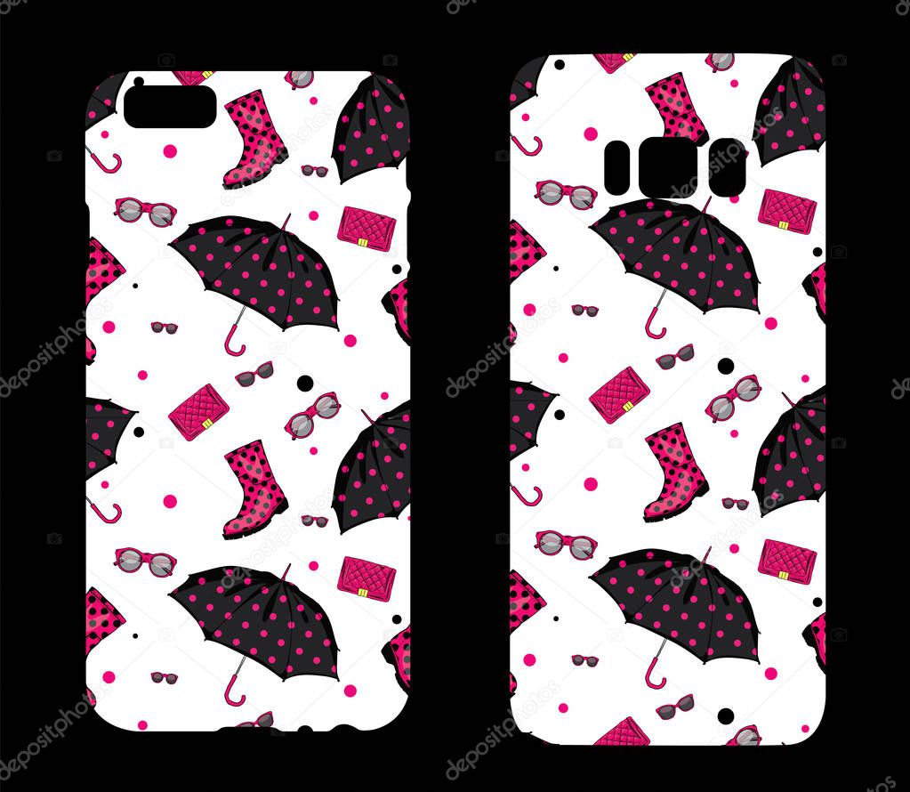 Beautiful cases for smartphones with female accessories. Rubber boots, umbrellas and handbags. Print for lining the phone. Ready design. Vector illustration.