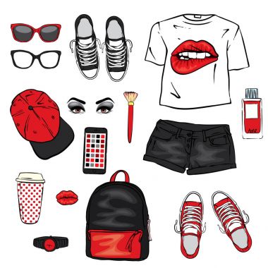 Kadın giyim kümesi. Genç stil. T-shirt ile dudakları, sırt çantası, spor ayakkabı, saat, smartphone, kap, şort ve parfüm şişeleri şeklinde yazdırın. Vektör çizim bir kartpostal veya poster için.