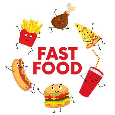 Bir dizi karakterleri şeklinde renkli lokanta. Hotdog, çizburger veya hamburger, bir bardak soda, patates kızartması, jambon, bir dilim pizza ve bisküvi. Vektör çizim tasarım veya poster için.