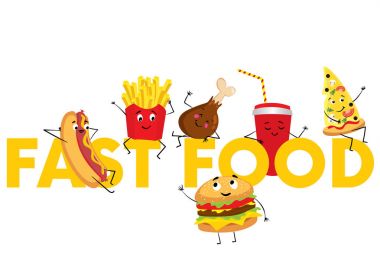Bir dizi karakterleri şeklinde renkli lokanta. Hotdog, çizburger veya hamburger, bir bardak soda, patates kızartması, jambon, bir dilim pizza ve bisküvi. Vektör çizim tasarım veya poster için.