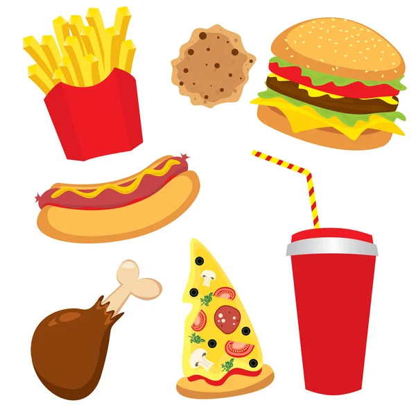 Un set di fast food colorati sotto forma di personaggi. Hotdog, cheeseburger o hamburger, un bicchiere di soda, patatine fritte, prosciutto, una fetta di pizza e biscotti. Illustrazione vettoriale per disegno o poster . — Vettoriale Stock