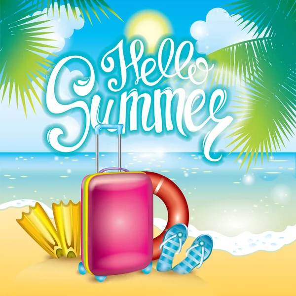 Ilustración de verano con una maleta, solapas, aletas y un anillo salvavidas. Vacaciones y descanso. Dibujo hermoso multicolor con objetos de verano, mar y playa . — Vector de stock
