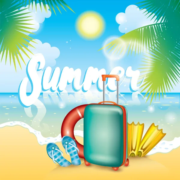 Summer illustration with a suitcase, flaps, fins and a life ring. Vacation and rest. Multicolored beautiful drawing with summer objects, sea and beach. — Stock Vector