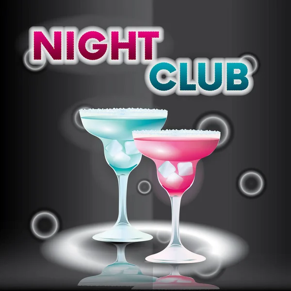 Färdig design med färgglada drinkar. Nattklubb, bar eller fest. Vykort, affisch eller flyer. Reklam eller tecken. — Stock vektor