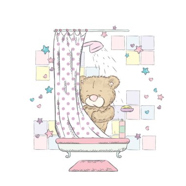 Cute teddy bear at heart. Vector illustration. Bear swims in the bathtub.