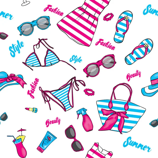 A set of summer clothes and accessories. Beach bag, hat, flip flops, dress, swimsuit, cocktail, glasses and tanning agents. Vacation. Women's things. Background of summer clothes and accessories. — Stock Vector