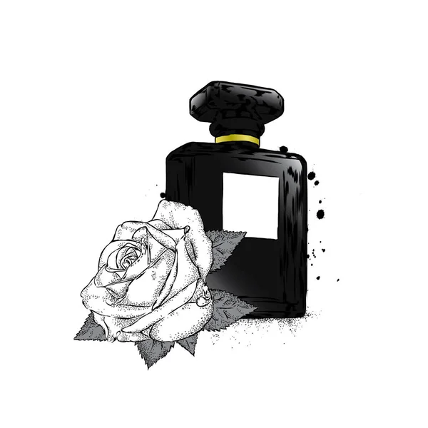 Una hermosa botella de perfume femenino y una rosa con hojas. Ilustración vectorial para una postal o un póster, impresión para ropa. Para ella. Moda y estilo. Accesorio glamuroso . — Archivo Imágenes Vectoriales