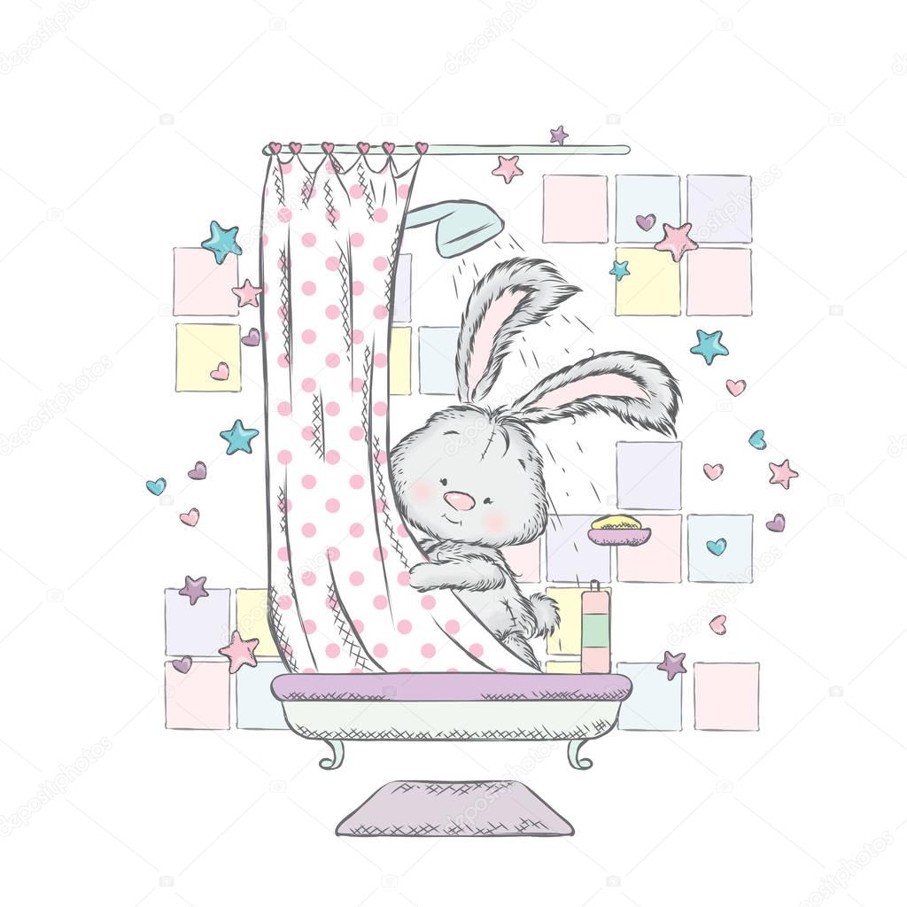 Cute hare in the shower. Vector illustration. Rabbit is bathed in the bath.