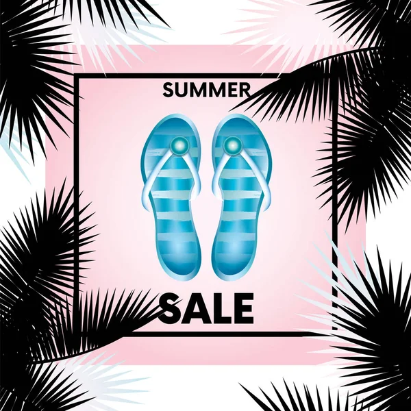 Diseño listo "Venta" con ramas de palma y chanclas. Ilustración vectorial para tiendas. Negocios y compras. Verano . — Archivo Imágenes Vectoriales