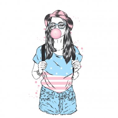 Güzel bir kız şort, şapka ve bir şapka bir kabarcık sakız puffs. Bir kartı veya poster, elbiselere yazdırma için vektör çizim. Hipster.