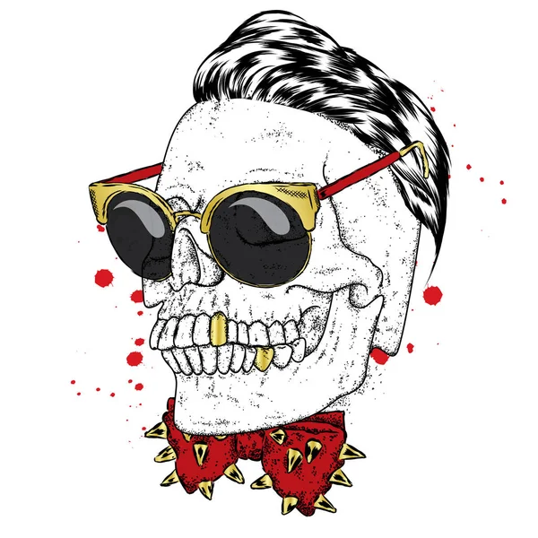Un cráneo elegante con gafas y una mariposa con púas. Ilustración vectorial para una tarjeta o póster, impresión en la ropa. El esqueleto hipster. Moda & Estilo . — Vector de stock