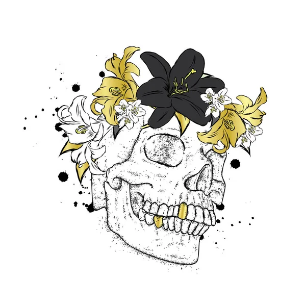 Stylish in a wreath of flowers. Vector illustration for a card or poster, print on clothes. The hipster skeleton. Fashion & Style. — Stock Vector