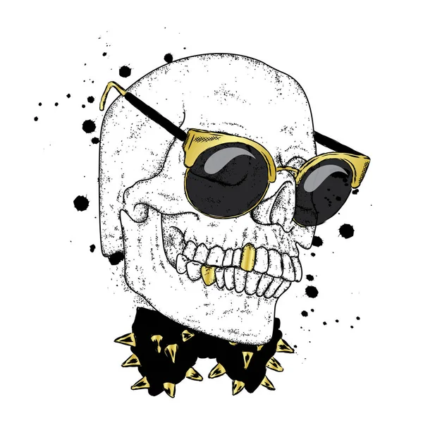 Ein stylischer Totenkopf mit Brille und ein Schmetterling mit Stacheln. Vektor-Illustration für eine Karte oder ein Poster, Druck auf Kleidung. Das Hipster-Skelett. Mode & Stil. — Stockvektor