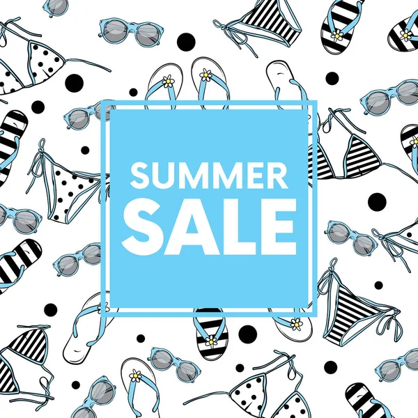 Hazır kartpostal tasarımı ile çizgili bir mayo ve tokat, sandalet. Vektör çizim için bir kartpostal veya bir poster. Moda ve stil.