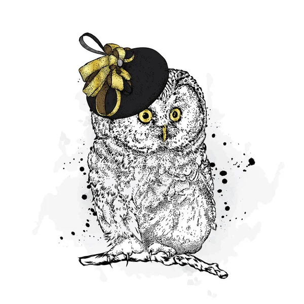 Funny owl in a ladies' hat. Vector illustration. Fashion & Style. Vintage. — Stock Vector