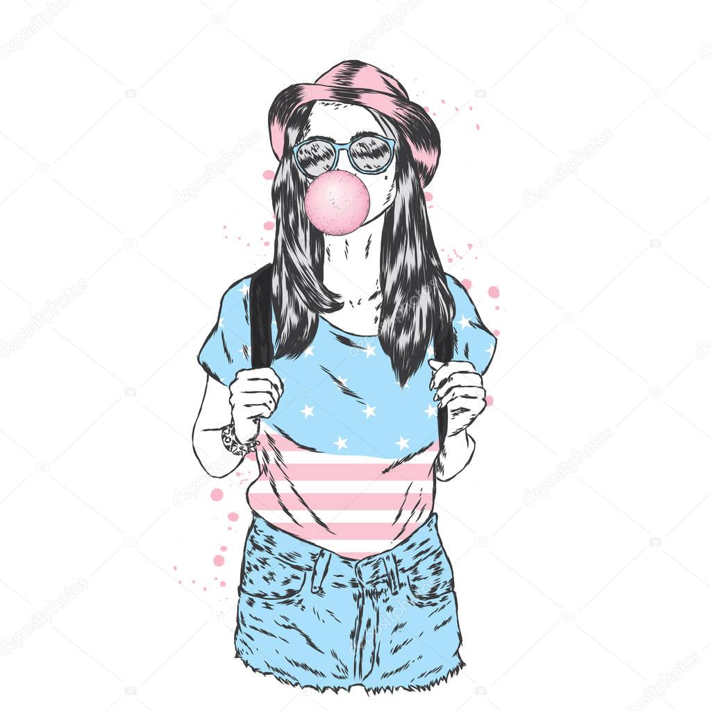 A beautiful girl in shorts, a hat and a hat puffs a bubble of gum. Vector illustration for a card or poster, print on clothes. Hipster.