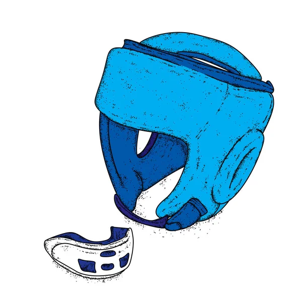 Um conjunto de equipamentos desportivos. Capacete de boxe e guarda para dentes. Ilustração vetorial . —  Vetores de Stock