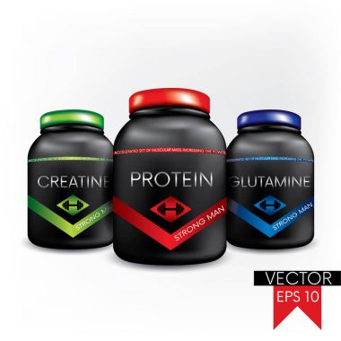 Ambalaj, teneke kutular ve Spor beslenme takviyeleri etiketlerden kavramı. Vektör çizim. Sağlık ve spor güzellik. Vücut geliştirme. Kreatin, protein ve glutamin.