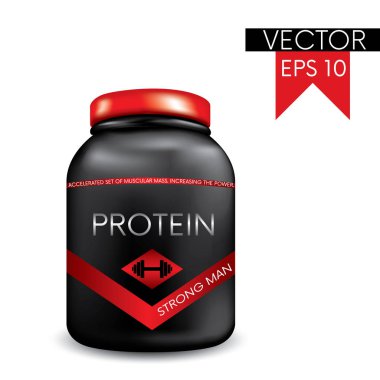 Ambalaj, teneke kutular ve Spor beslenme takviyeleri etiketlerden kavramı. Vektör çizim. Sağlık ve spor güzellik. Vücut geliştirme. Kreatin, protein ve glutamin.