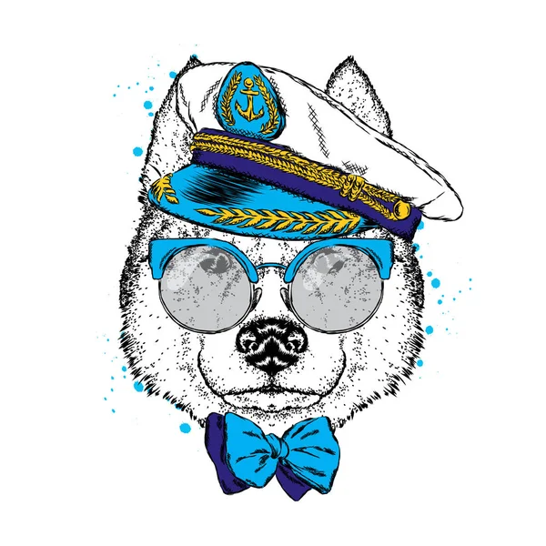 Un beau chien en casquette de capitaine, lunettes et cravate. Illustration vectorielle pour une carte postale ou une affiche, impression sur vêtements. Chiot de race pure. Husky ou loup . — Image vectorielle