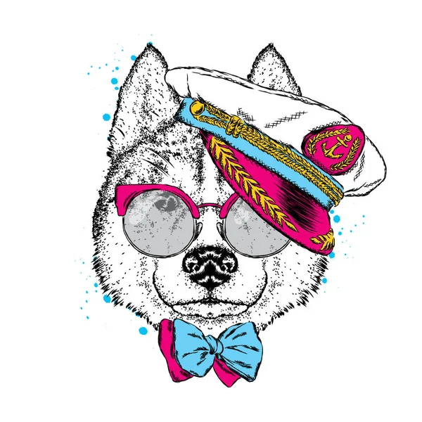 Um lindo cão com boné de capitão, óculos e gravata. Ilustração vetorial para um cartão postal ou cartaz, impresso em roupas. Cachorrinho de raça pura. Husky ou lobo . — Vetor de Stock