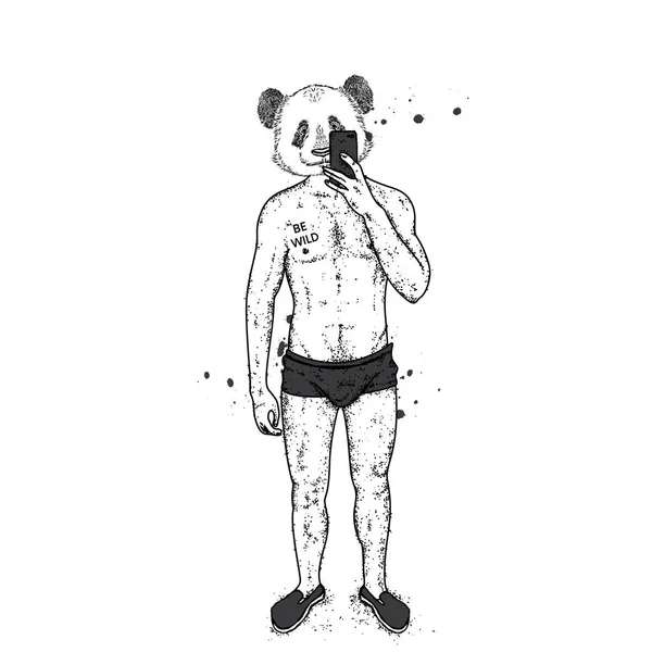 Panda z piękne ciało męskie kąpielówki i buty. Facet robi zdjęcia o sobie na smartfonie w lustrze. Ilustracja wektorowa pocztówka lub plakat, nadruk na odzieży. Niedźwiedź. — Wektor stockowy