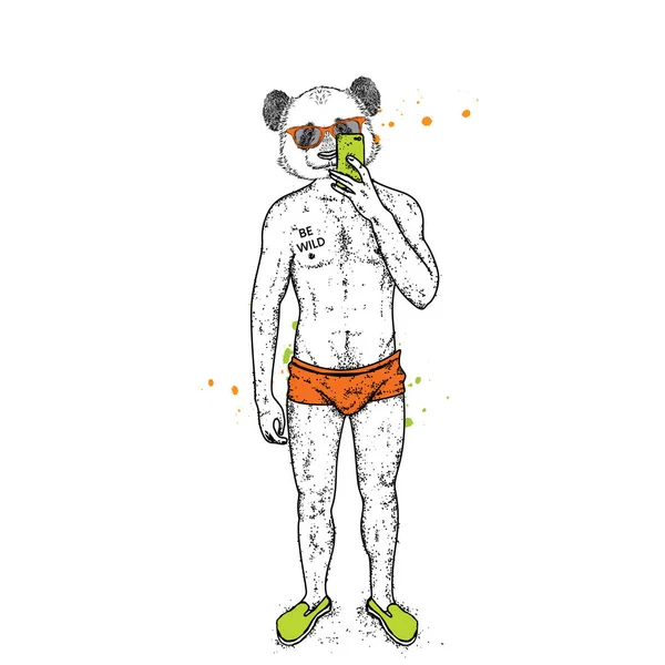 Panda z piękne ciało męskie kąpielówki i buty. Facet robi zdjęcia o sobie na smartfonie w lustrze. Ilustracja wektorowa pocztówka lub plakat, nadruk na odzieży. Niedźwiedź. — Wektor stockowy