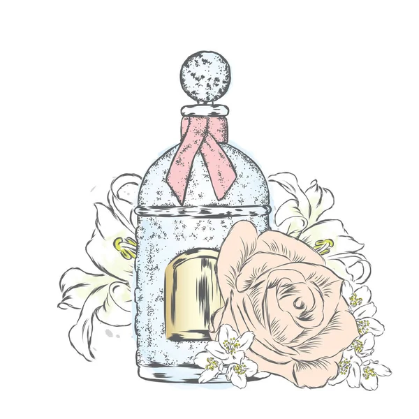 Frasco de perfume e flores. Vector. Imprimir em um cartão postal, cartaz ou roupa . — Vetor de Stock