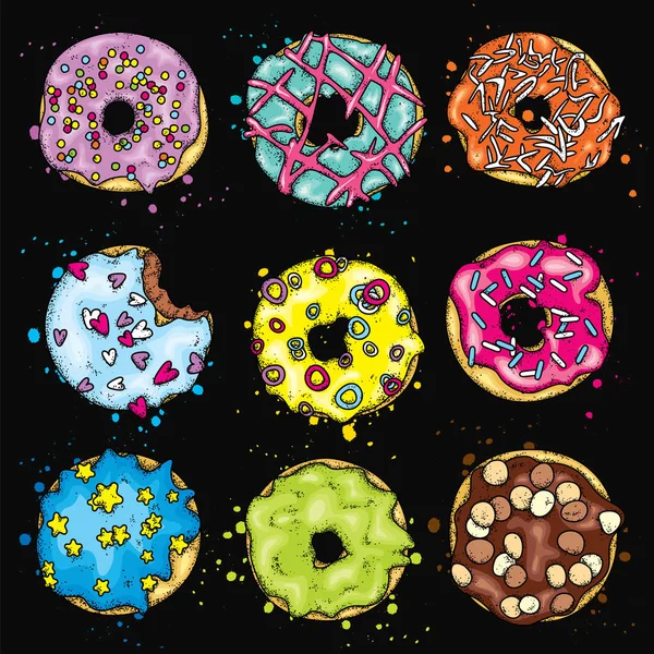 Een aantal mooie kleurrijke donuts. Vector illustratie voor briefkaart of poster, kleding bedrukken. Voedsel en desserts. — Stockvector