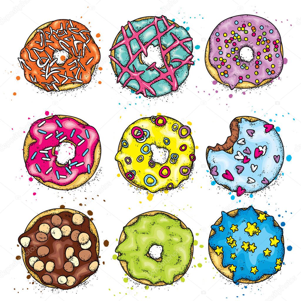 A set of beautiful colorful donuts. Vector illustration for postcard or poster, print on clothes. Food and desserts.